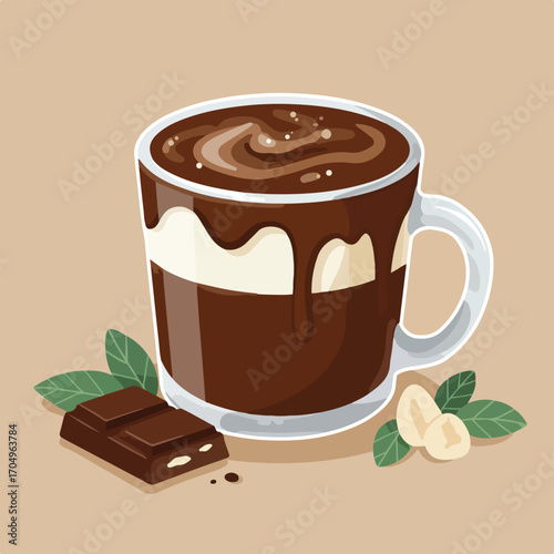 Hot chocolate with nuts and chocolate leaves in a mug, perfect for winter or holidaythemed designs and foodrelated projects.