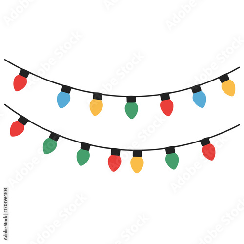 Two strands of festive string lights on a white background. Perfect for holiday greeting cards, social media posts, and christmasthemed designs.