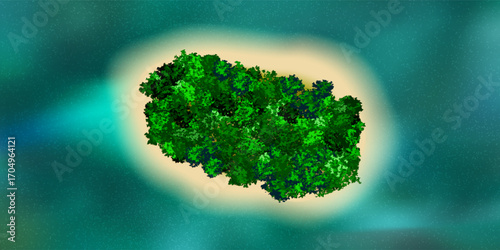 Tropical paradise island with green trees in the middle of ocean drone view. Vacation bg with turquoise water and sandy coastline. Flying high above of idyllic uninhabited beach. Vector illustration