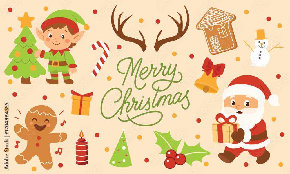 Naklejka premium Festive Christmas Illustration with Elf, Santa, and Holiday Elements. Hand Drawn Vector Art