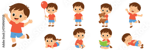 Boy in various poses, red shirt and blue shorts. Hand Drawn Vector Art