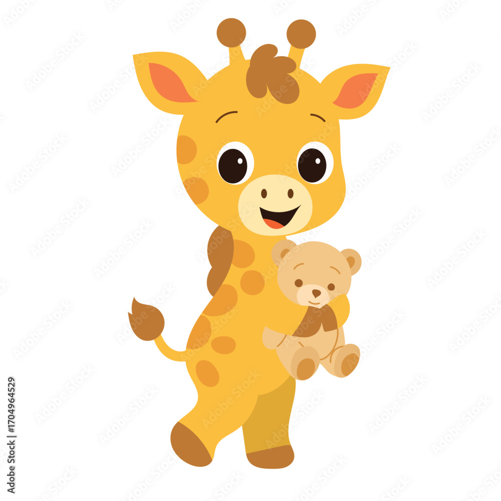 Fototapeta premium Cute baby giraffe holding teddy bear, cartoon character illustration