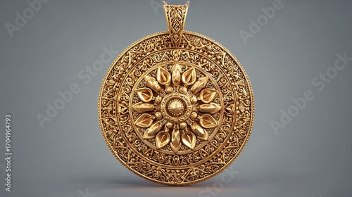 Wallpaper Mural Intricate gold pendant featuring a circular, ornate design with a central floral motif and detailed borders Torontodigital.ca