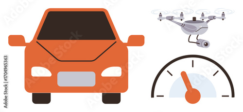 Red car, modern quadcopter with camera, and speedometer portray technology, vehicle automation, and traffic monitoring. Ideal for transport innovation, safety, tech development, AI logistics