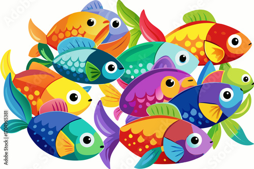 Vector art of a charming collection of colorful cartoon fish swimming together, creating a whimsical and delightful scene, perfect for childrens illustrations