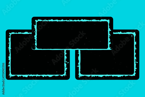 Vector art of three blank black frames with a grunge border against a teal background, creating a modern and edgy design, perfect for showcasing content