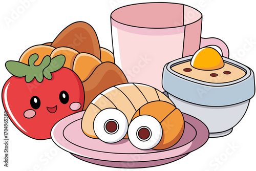 Vector art of a delightful cartoon breakfast scene featuring a cute tomato, croissant, sushi, pudding, and a pink cup, all arranged on a pink plate