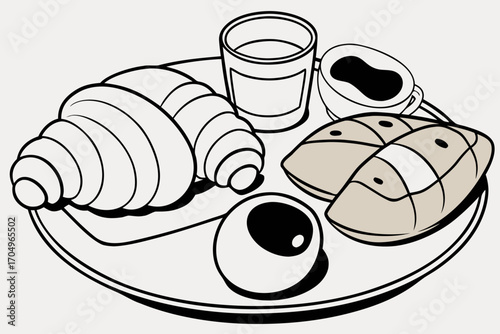 Vector art of delicious breakfast, featuring a croissant, coffee, egg, juice, and bread, perfect for starting the day with energy