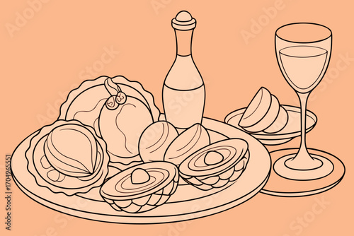 Vector art of a delightful still life of food and drink, featuring avocado, wine, and a bottle, rendered in a charming line art style, perfect for coloring