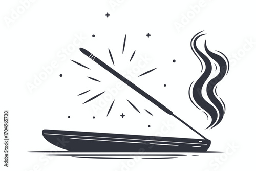 Burning Incense Stick with Holder, Smoke, Light Rays on White Background