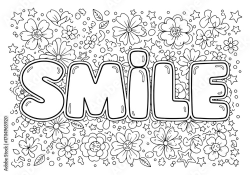 A cheerful coloring page features the word "SMILE" in bubbly letters amidst a whimsical, dense pattern of flowers, stars, and leaves