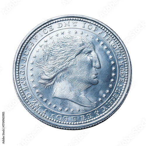 Closeup of a Silver Coin on Transparent Background