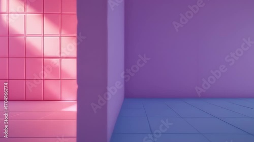 A room with pink square tiles, bathed in light