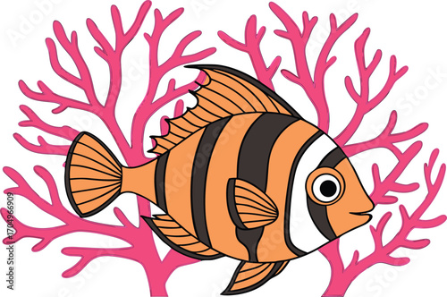 Vector art of a cartoon clownfish with black and orange stripes swims in front of pink coral