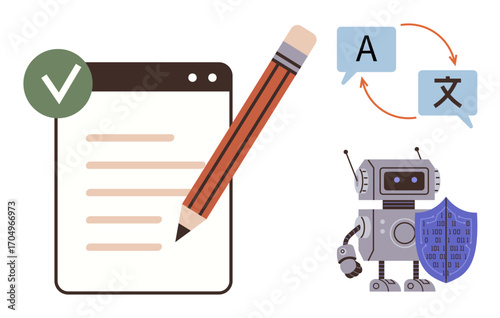 Writing pad with checkmark, pencil, AI-powered robot, shield symbolizing security, and translation arrows. Ideal for technology, AI, language translation writing cybersecurity education. A simple