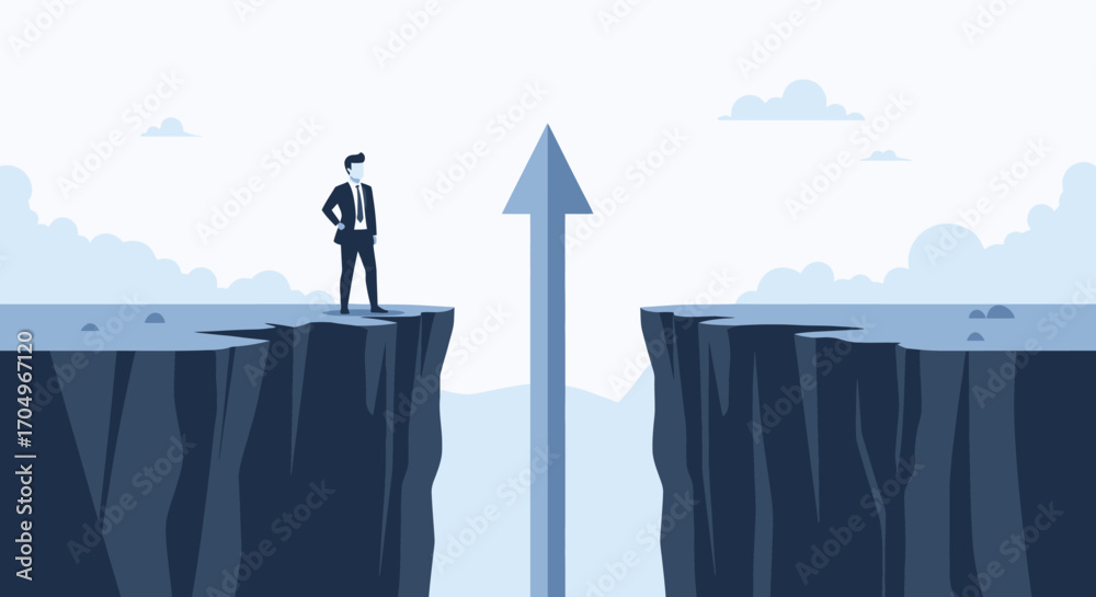 Obraz premium Modern Illustration of Businessman Facing Cliff Gap with Arrow Bridge Graphic