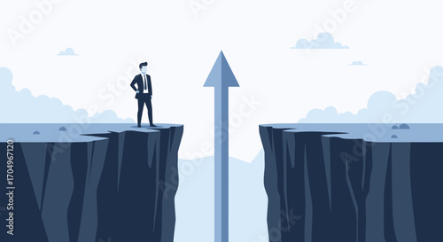 Modern Illustration of Businessman Facing Cliff Gap with Arrow Bridge Graphic