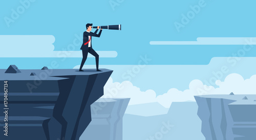 Flat Style Man with Spyglass on Cliff Looking for Opportunity Illustration