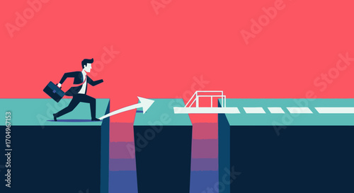 Flat Style Businessman Jumping over the Gap to Reach Goal Illustration
