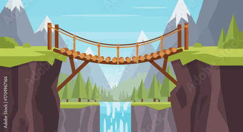 Flat Style Suspended Wooden Bridge over Cliff Edge Nature Landscape