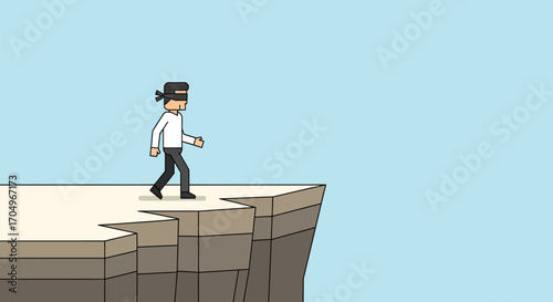 Flat Style Man Walking Blindfolded Toward Edge of Cliff Illustration