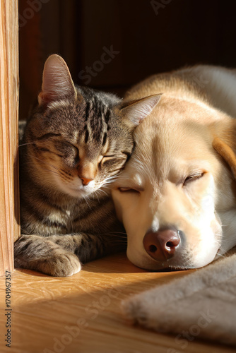 A cat and dog napping together in a sunny corner. Their bodies curled close in comfort