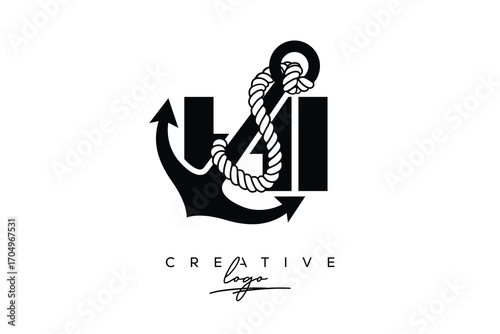 HI Creative Monogram Latter Logo with Anchor and Rope Design Minimalistic Logo Design 