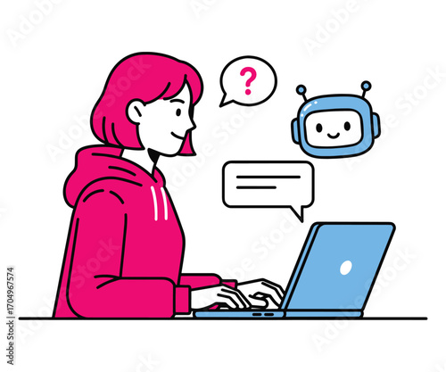 Illustration of a young woman chatting with an AI assistant bot on her laptop computer. Concept for virtual customer service, online consultation, and artificial intelligence technology