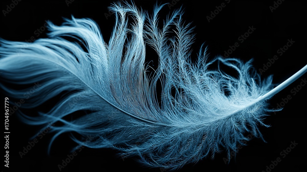 Fototapeta premium close up of soft blue feather isolated on black
