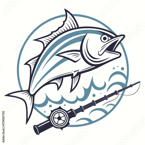 Vector art of stylized illustration of a leaping tuna fish with a fishing rod and reel