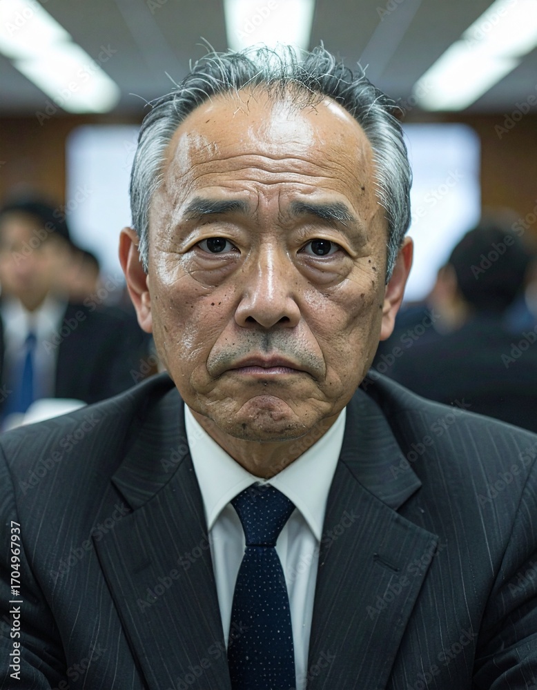 Fototapeta premium Middle-aged Japanese businessman with thinning hair and receding hairline, wearing
