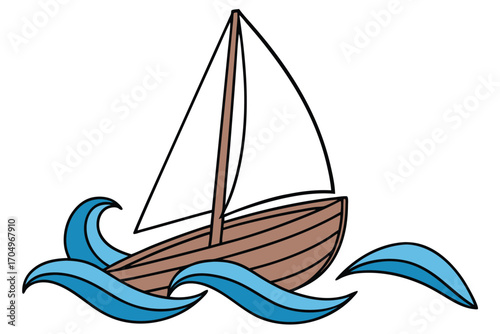 Vector art of cartoon sailboat with sails up on blue wavy water