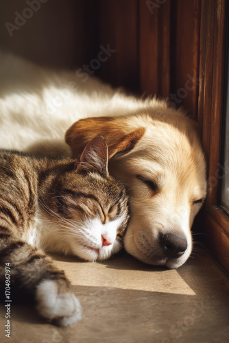 A cat and dog napping together in a sunny corner. Their bodies curled close in comfort