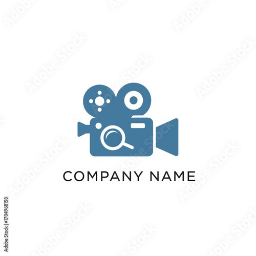 Movie Camera with Magnifying Glass Logo Design.