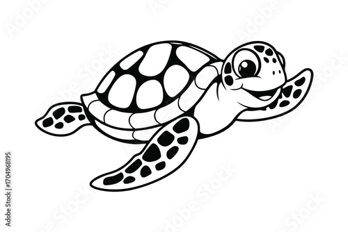 Cartoon Turtle with Black Outline on White Background
