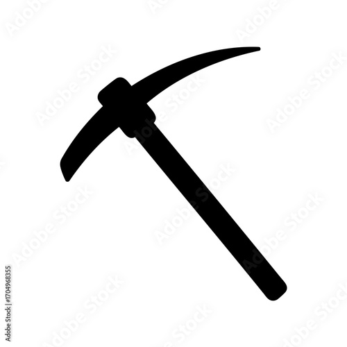 A simple silhouette of a pickaxe tool used for mining and construction
