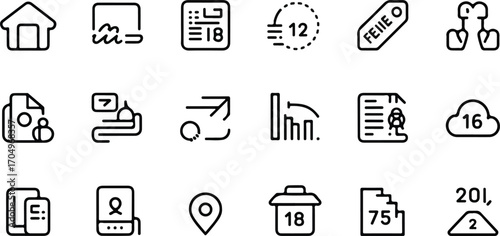 Remote work and expense management icons – minimalist line art for home office, deductions, mileage, and business expenses