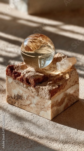 Glass orb on a light beige stone block