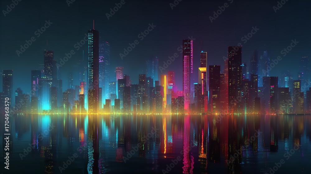 Fototapeta premium Neon cityscape at night, futuristic city illustration.