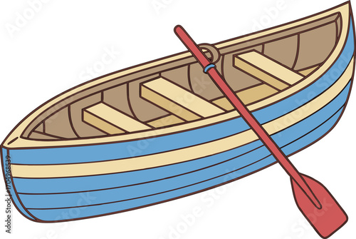 Vector art of a cartoon illustration of a blue and yellow rowboat with a red oar, isolated on a