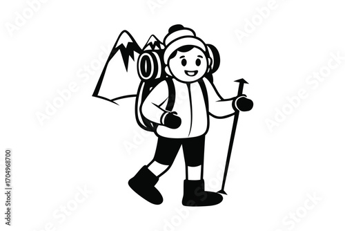 Cheerful climber carrying equipment and mountain behind depicted in a black and white cartoon