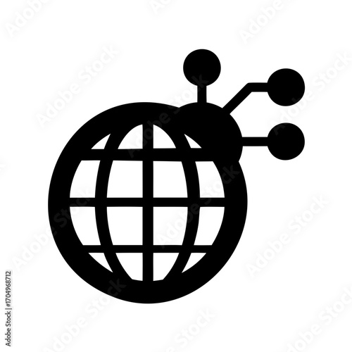 Black globe icon with connecting nodes representing global network connections