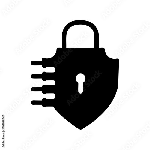 Black silhouette of a lock resembling a shield being digitally penetrated.