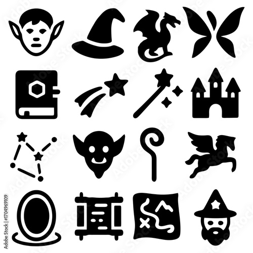 Magical Icon Set: An enchanting collection of intricate and simple black and white symbols of mythical beings, magical items, and fantastic locations, perfect for fantasy-themed design projects.