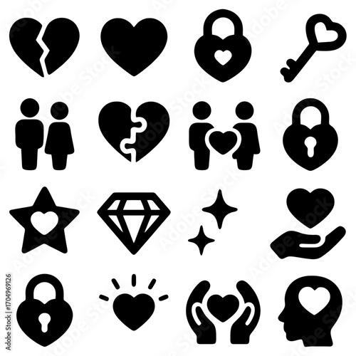 Love and Romance: A collection of carefully crafted symbols, representing diverse facets of affection, relationships, and heartfelt moments, captured in a flat design aesthetic.