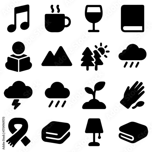 Cozy Comfort Collection: A compilation of stylized monochrome icons representing elements of comfort and leisure, evoking warmth, relaxation, and serene moments.