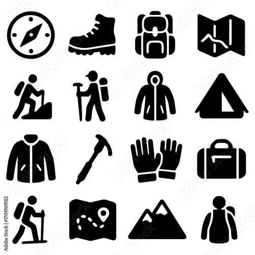 Essential Hiking Gear: Collection of minimalist, vector-style icons showcases essential hiking equipment, offering a visual guide to outdoor adventures.