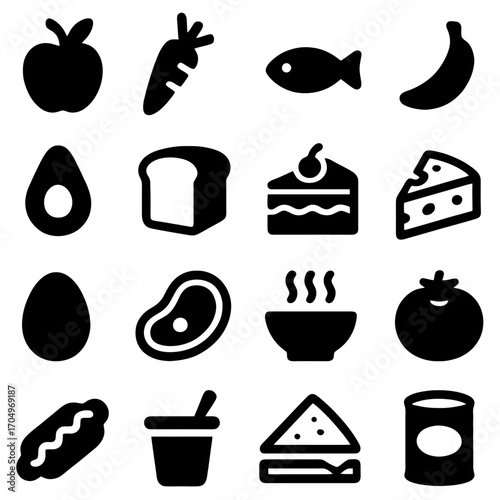 Essential Food Icons: A visually compelling arrangement of essential food items in bold black icons, offering a glance into a balanced diet.