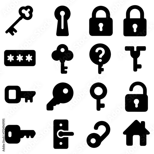 Security Symbols and Access Icons: A collection of symbolic representations of access, security, and privacy, ideal for design, information, and digital themes. 