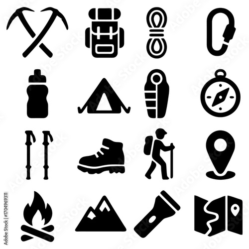 Adventurer's Essentials: A meticulously curated set of symbols that depicts essential tools for hiking and exploration, perfectly capturing the spirit of adventure and self-reliance.